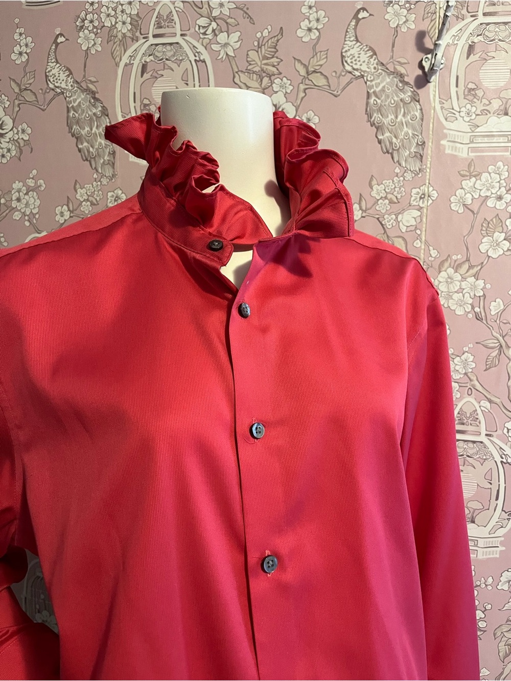 Watermelon coloured CalvinKlein Women's Ruffled Stand Collar Button-Down Shirt